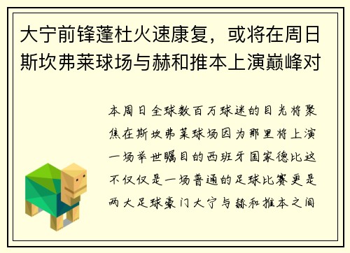大宁前锋蓬杜火速康复，或将在周日斯坎弗莱球场与赫和推本上演巅峰对决