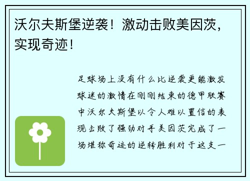 沃尔夫斯堡逆袭！激动击败美因茨，实现奇迹！