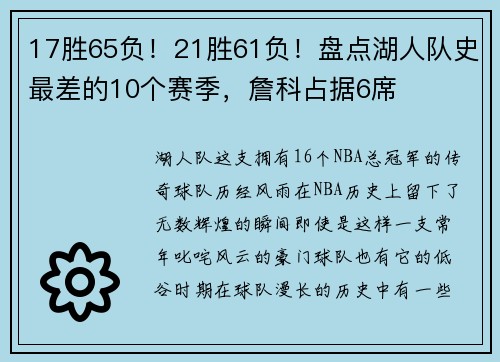 17胜65负！21胜61负！盘点湖人队史最差的10个赛季，詹科占据6席